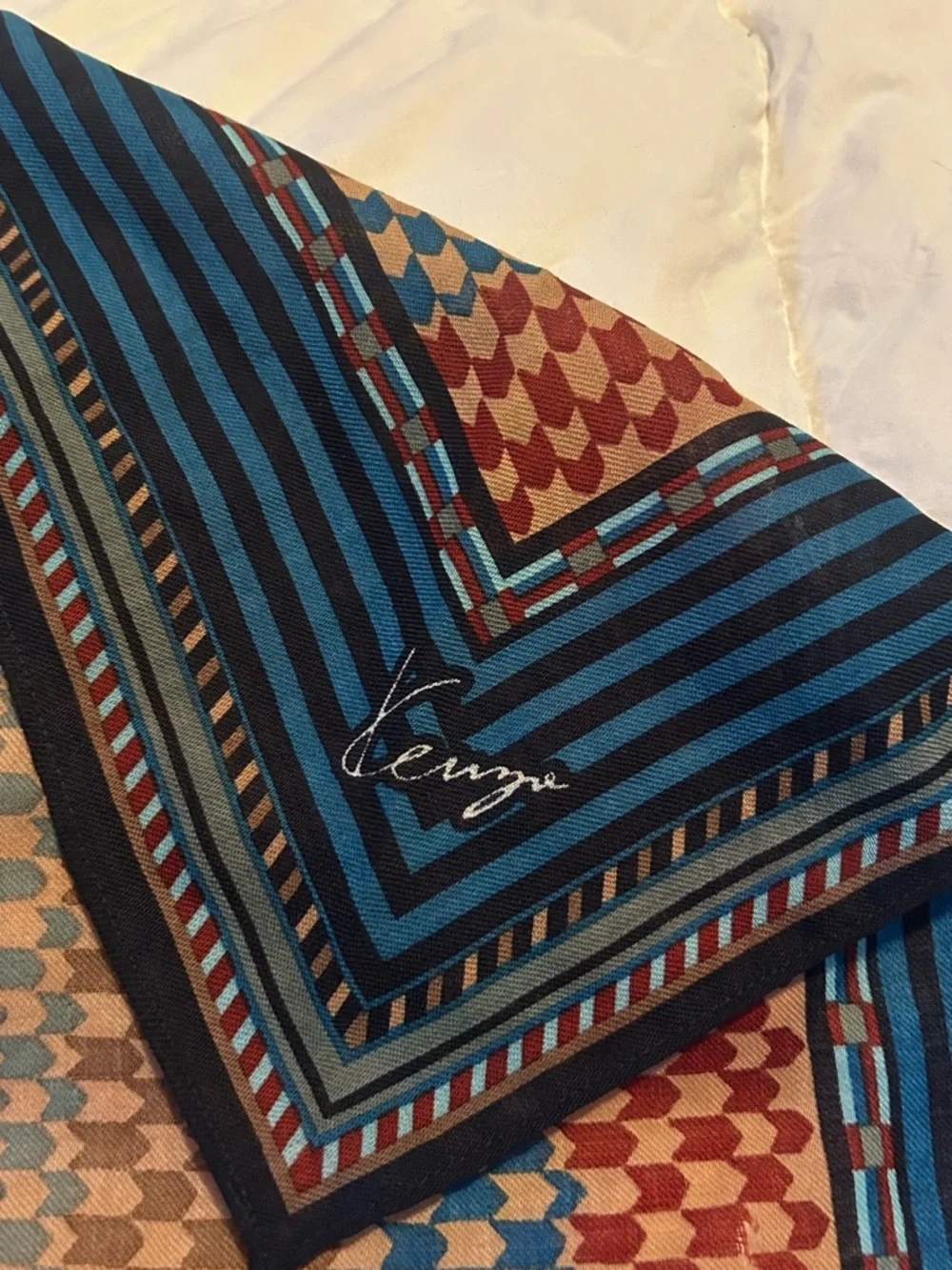 Kenzo Blue and Black Striped Geometric Silk Scarf